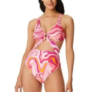 Jessica Simpson Pink One Piece O-Ring Peek-a-Boo Cutout High Leg 70's Small NWT